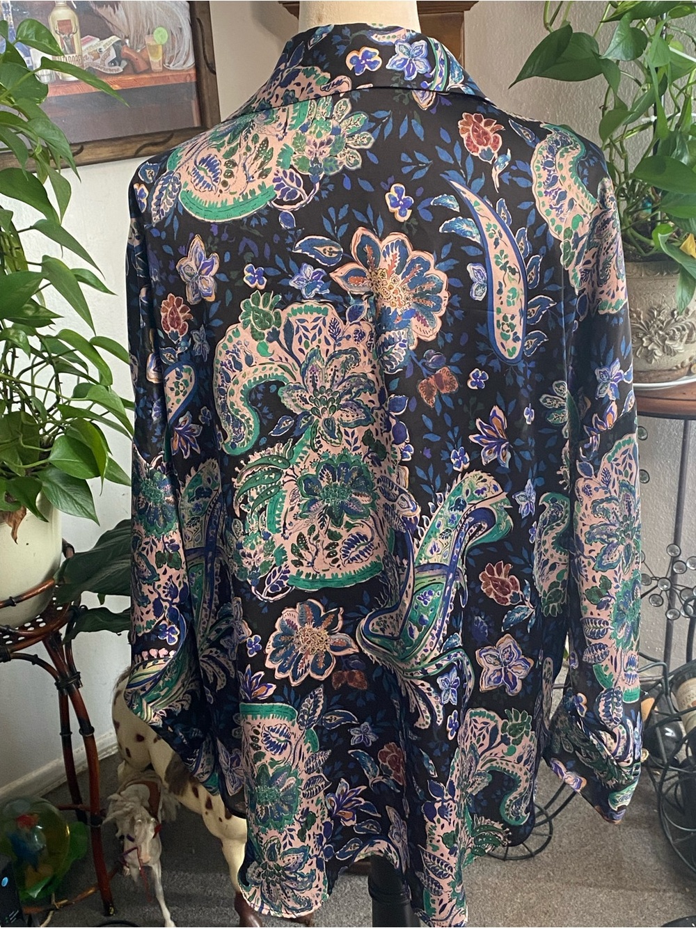 Zara Black Floral Paisley Button-Up Blouse with Green & Pink Accents - Picture 3 of 4